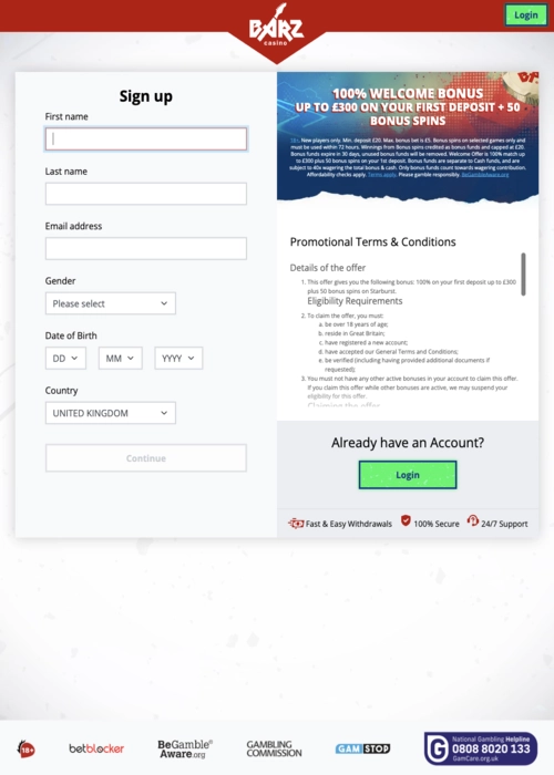 Fast account registration interface Barz Casino